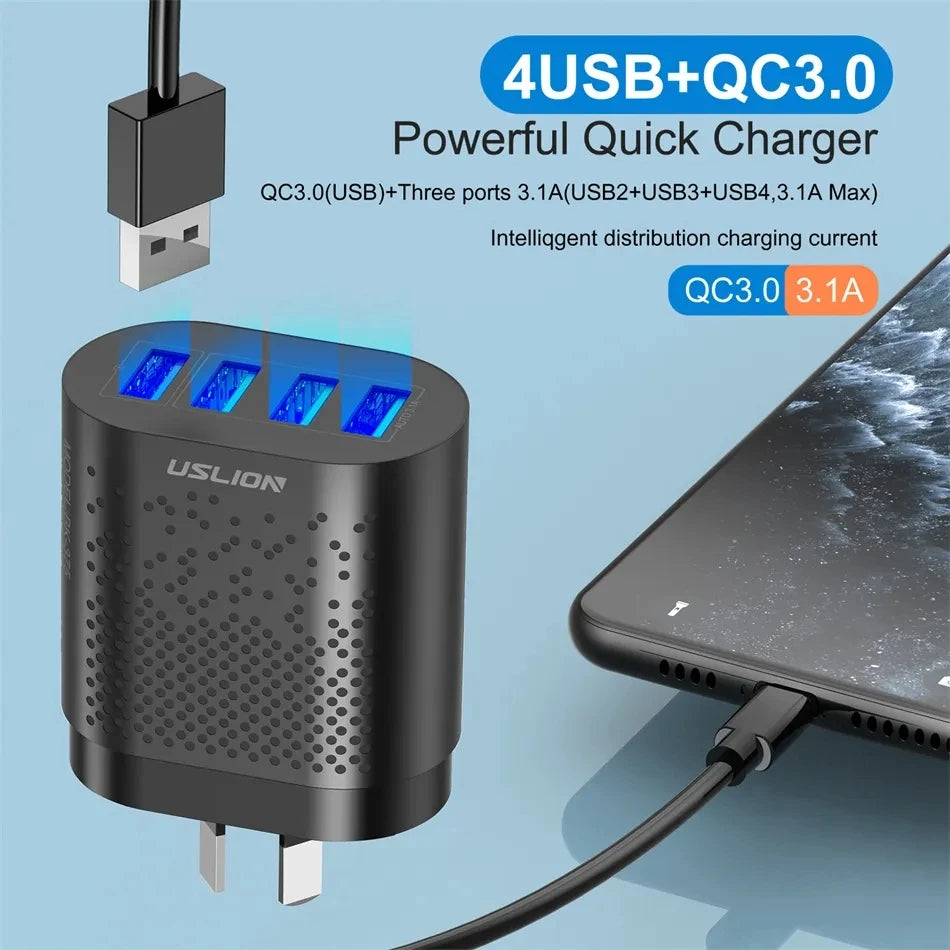 48W 3A QC3.0 AU Plug USB Mobile Phone Charger For iPhone , Samsung 4 Port Fast Wall Chargers