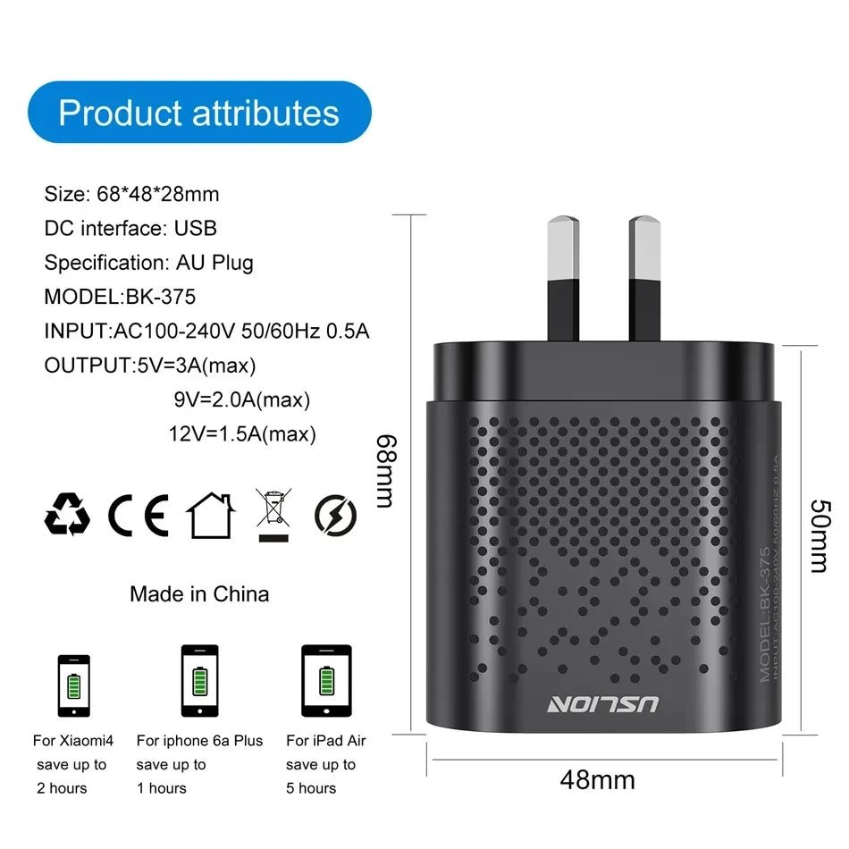 48W 3A QC3.0 AU Plug USB Mobile Phone Charger For iPhone , Samsung 4 Port Fast Wall Chargers