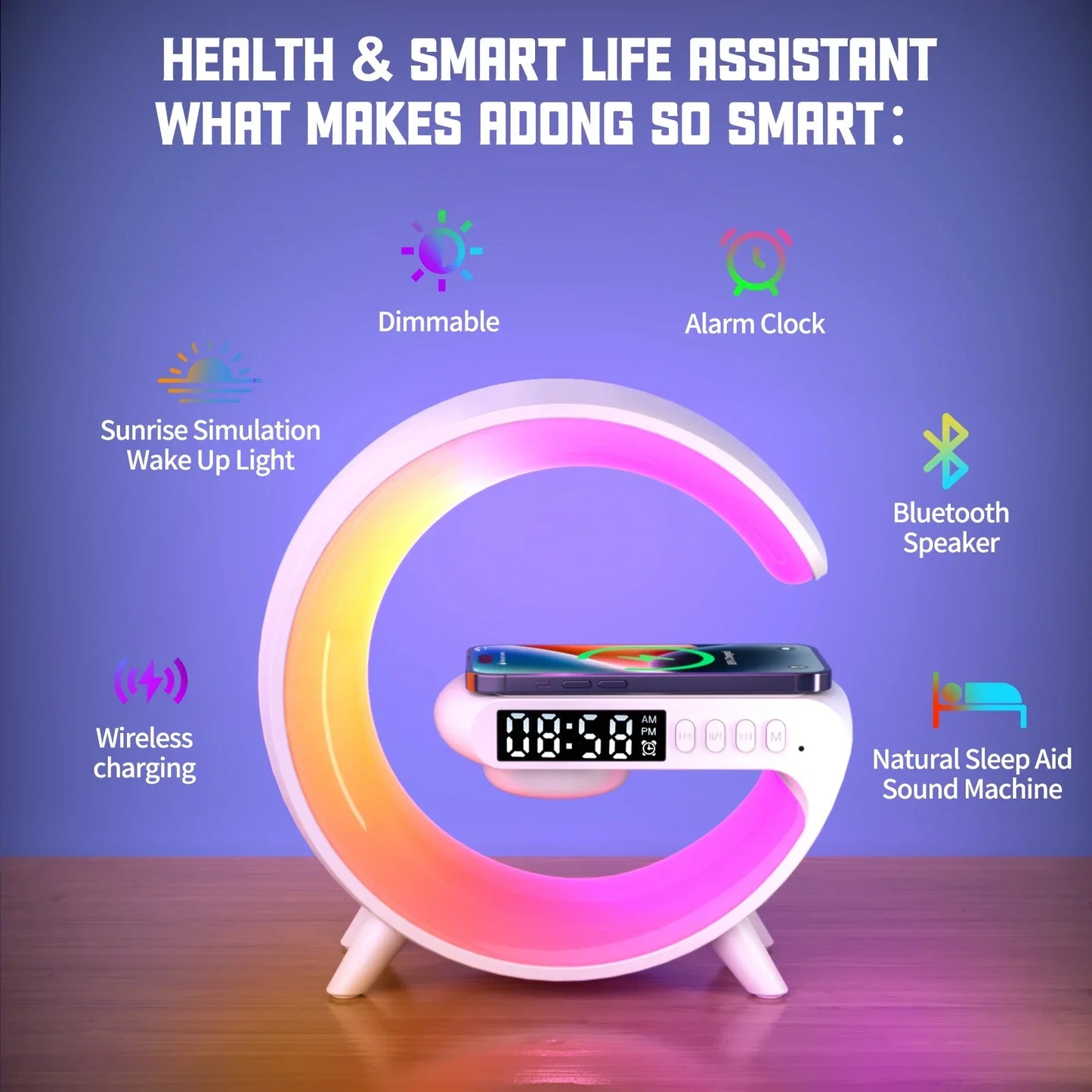 RGB Night Light Lamp Multifunction Alarm Clock TF Blueotooth Speaker 15W Wireless Charger Station Pad For iPhone 15 14 13 12 8